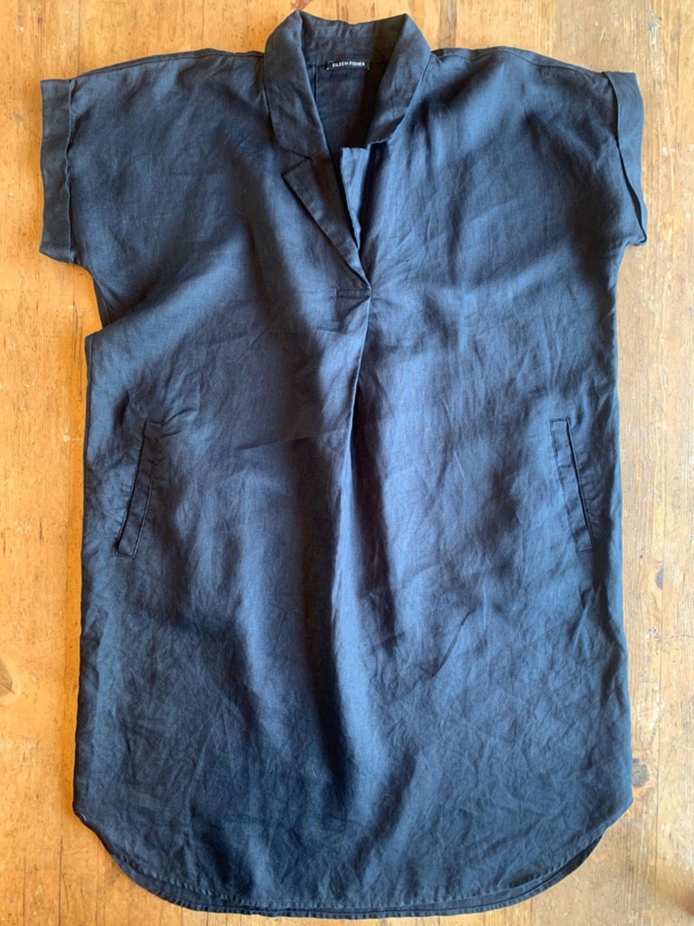 Eileen Fisher Black Short-Sleeve Linen  Button Down Dress - Picture 15 of 16